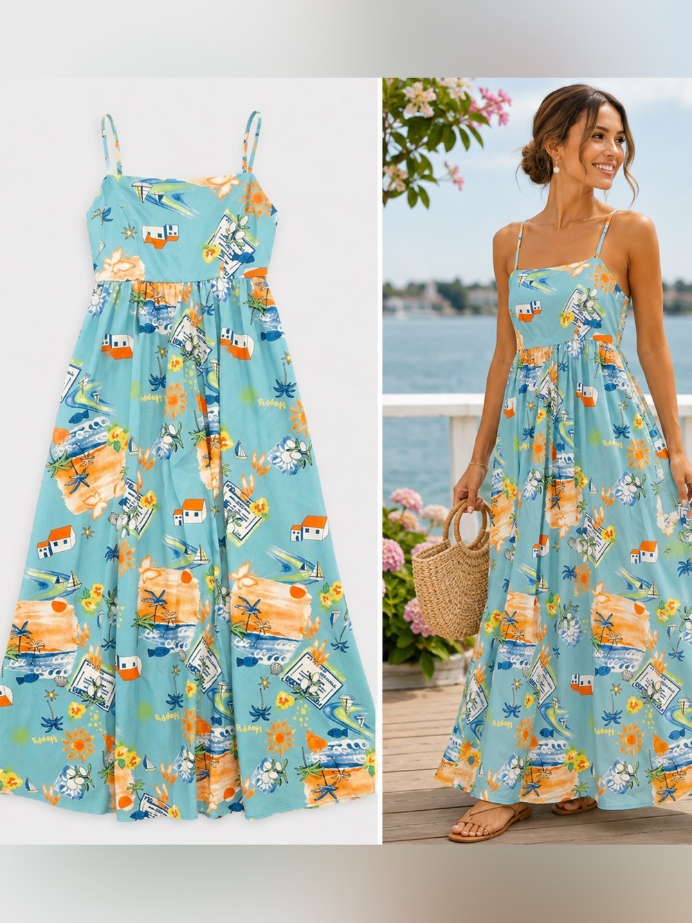 MEET ME IN SANTORINI - Sleeveless Tropical Blue Maxi Dress NWT